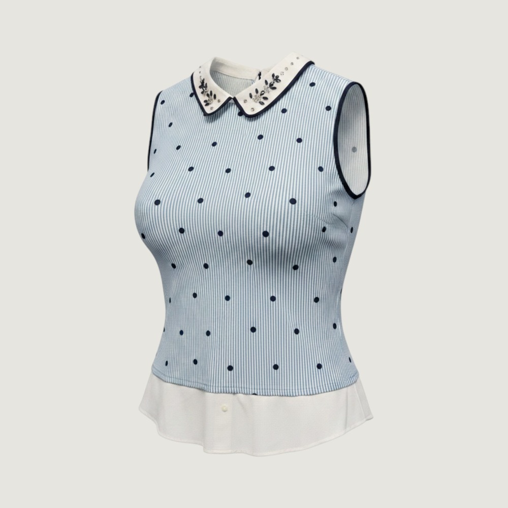 Y2K Preppy Sleeveless Polka Dot Old Money VTG Collar Blouse Women XL Blue Stripe